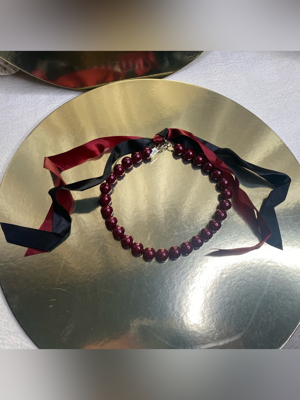 Burgundy Beaded Ribbon Choker Necklace